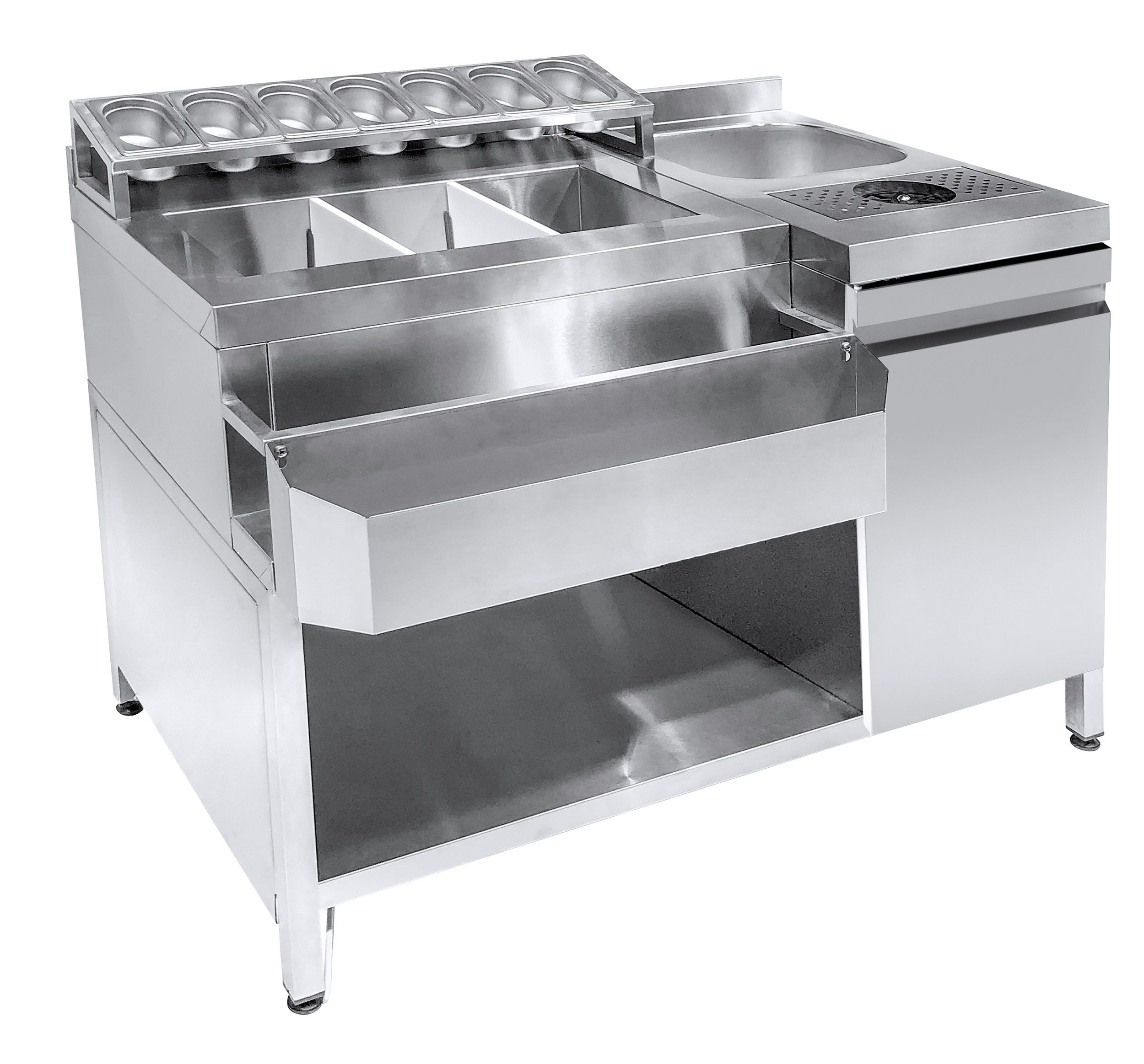 COCKTAILSTATION - BAR UND GETRÄNKETISCH INKLUSIV SPÜLBECKEN, GLÄSERDRUCKSPÜLER, GN-BEHÄLTER UND FRONTSEITIGER STAURAUM FÜR FLASCHEN.