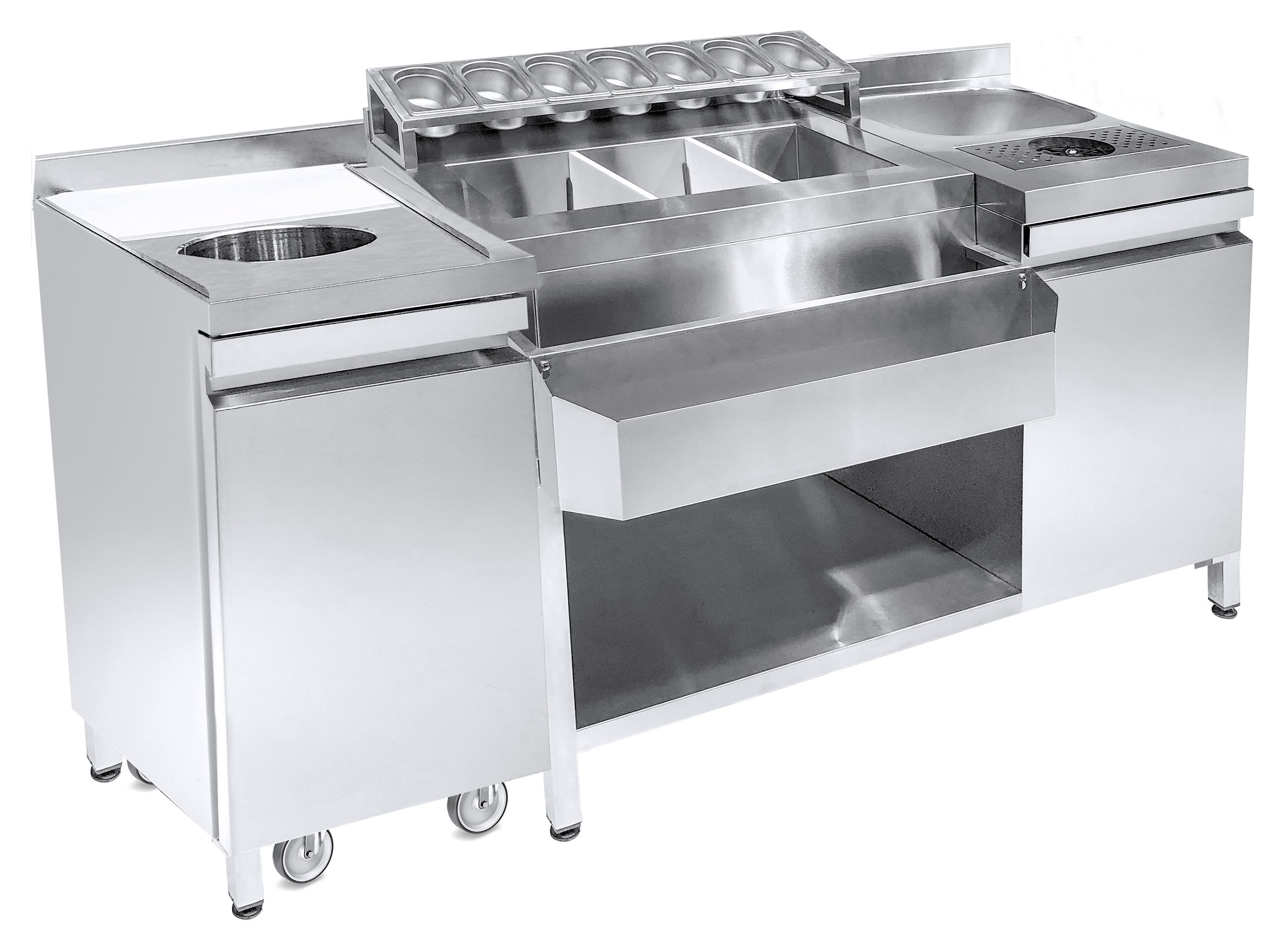 COCKTAILSTATION - BAR UND GETRÄNKETISCH INKLUSIV SPÜLBECKEN, GLÄSERDRUCKSPÜLER, GN-BEHÄLTER, FRONTSEITIGER STAURAUM FÜR FLASCHEN, SCHNEIDEBRETT UND MÜHLEIMER.